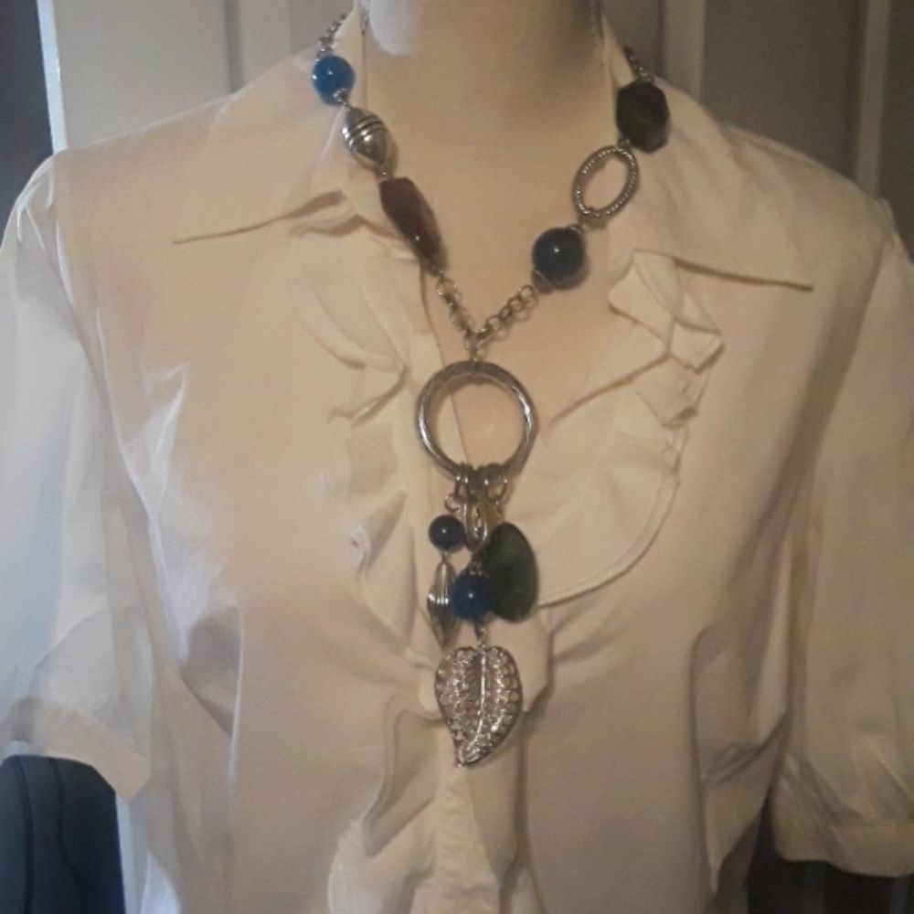Beaded Silver Leaf Pendant Statement Necklace